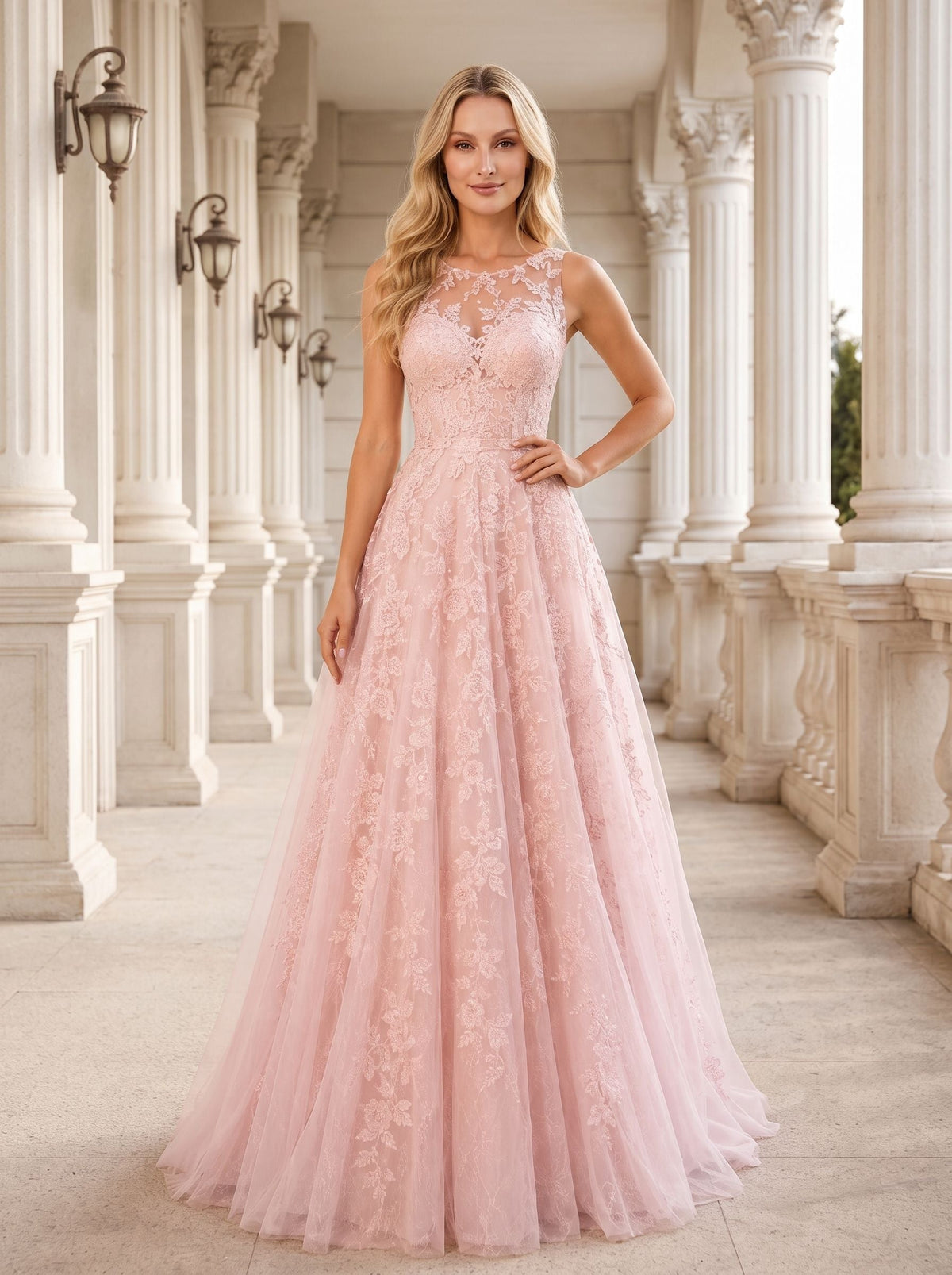 Blushing Pink Lace & Tulle A-Line Scoop Neck Illusion Floor-Length Dress with Sweep Train - Curvevia
