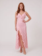 Blushing Pink Lace Column V-Neck Back Zip Floor-Length Dress with Ruffle Detail and Front Split - Curvevia