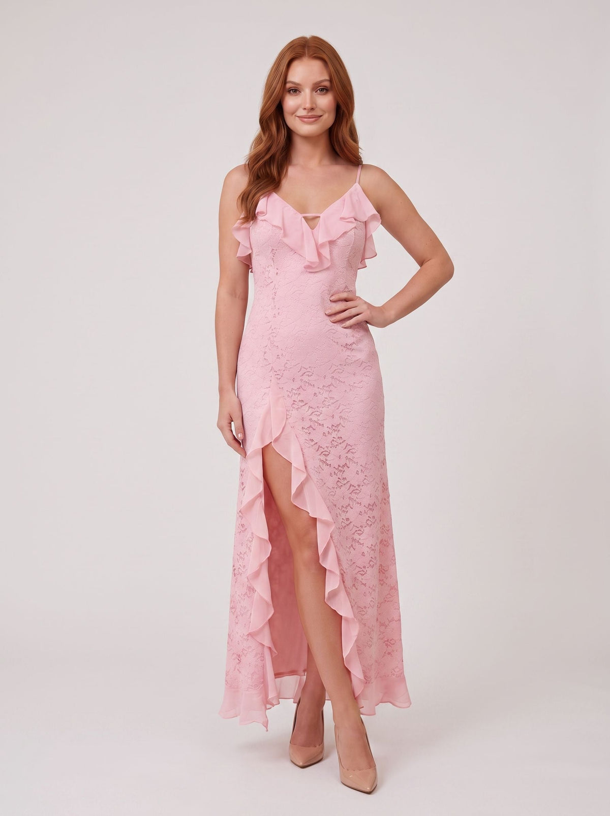 Blushing Pink Lace Column V-Neck Back Zip Floor-Length Dress with Ruffle Detail and Front Split - Curvevia