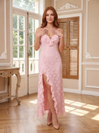 Blushing Pink Lace Column V-Neck Back Zip Floor-Length Dress with Ruffle Detail and Front Split - Curvevia