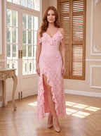 Blushing Pink Lace Column V-Neck Back Zip Floor-Length Dress with Ruffle Detail and Front Split - Curvevia