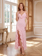 Blushing Pink Lace Column V-Neck Back Zip Floor-Length Dress with Ruffle Detail and Front Split - Curvevia