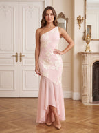 Blushing Pink Jacquard Sheath One Shoulder Backless Floor-Length Dress with Sheer Hem - Curvevia