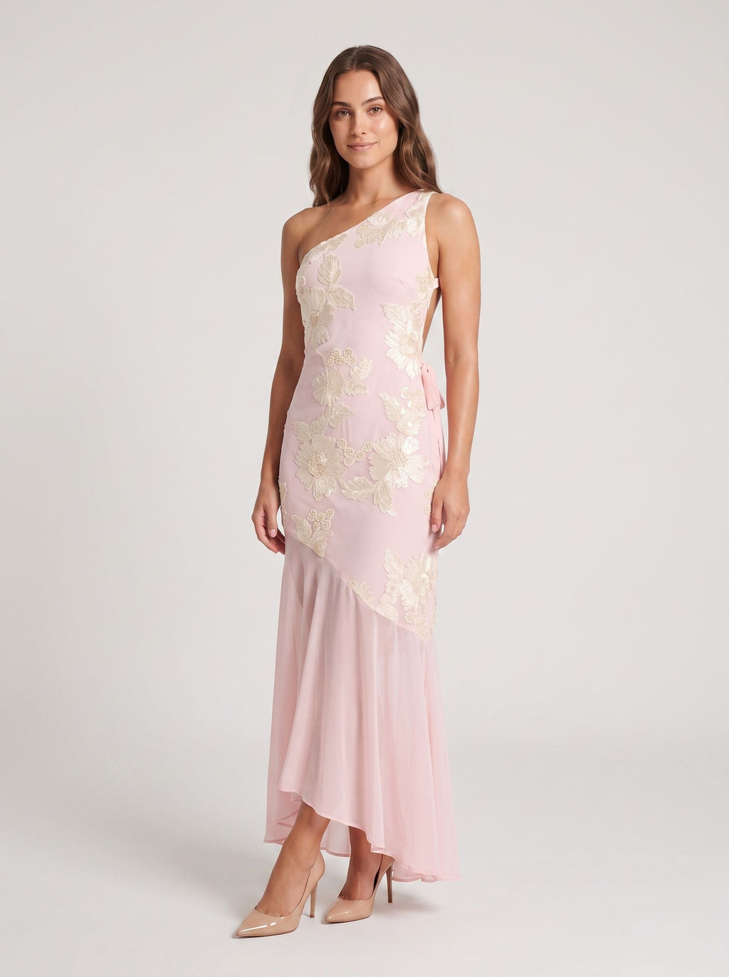 Blushing Pink Jacquard Sheath One Shoulder Backless Floor-Length Dress with Sheer Hem - Curvevia