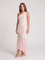 Blushing Pink Jacquard Sheath One Shoulder Backless Floor-Length Dress with Sheer Hem - Curvevia