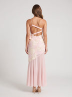 Blushing Pink Jacquard Sheath One Shoulder Backless Floor-Length Dress with Sheer Hem - Curvevia