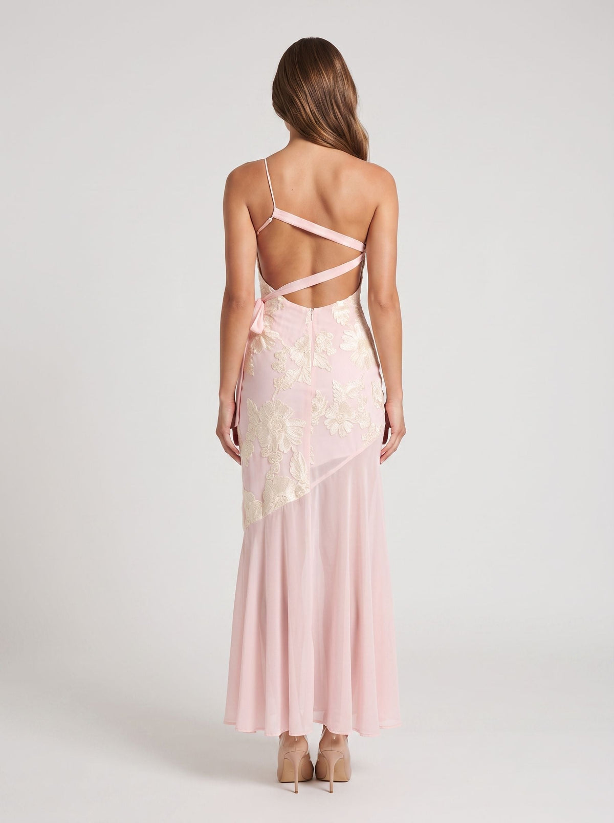 Blushing Pink Jacquard Sheath One Shoulder Backless Floor-Length Dress with Sheer Hem - Curvevia