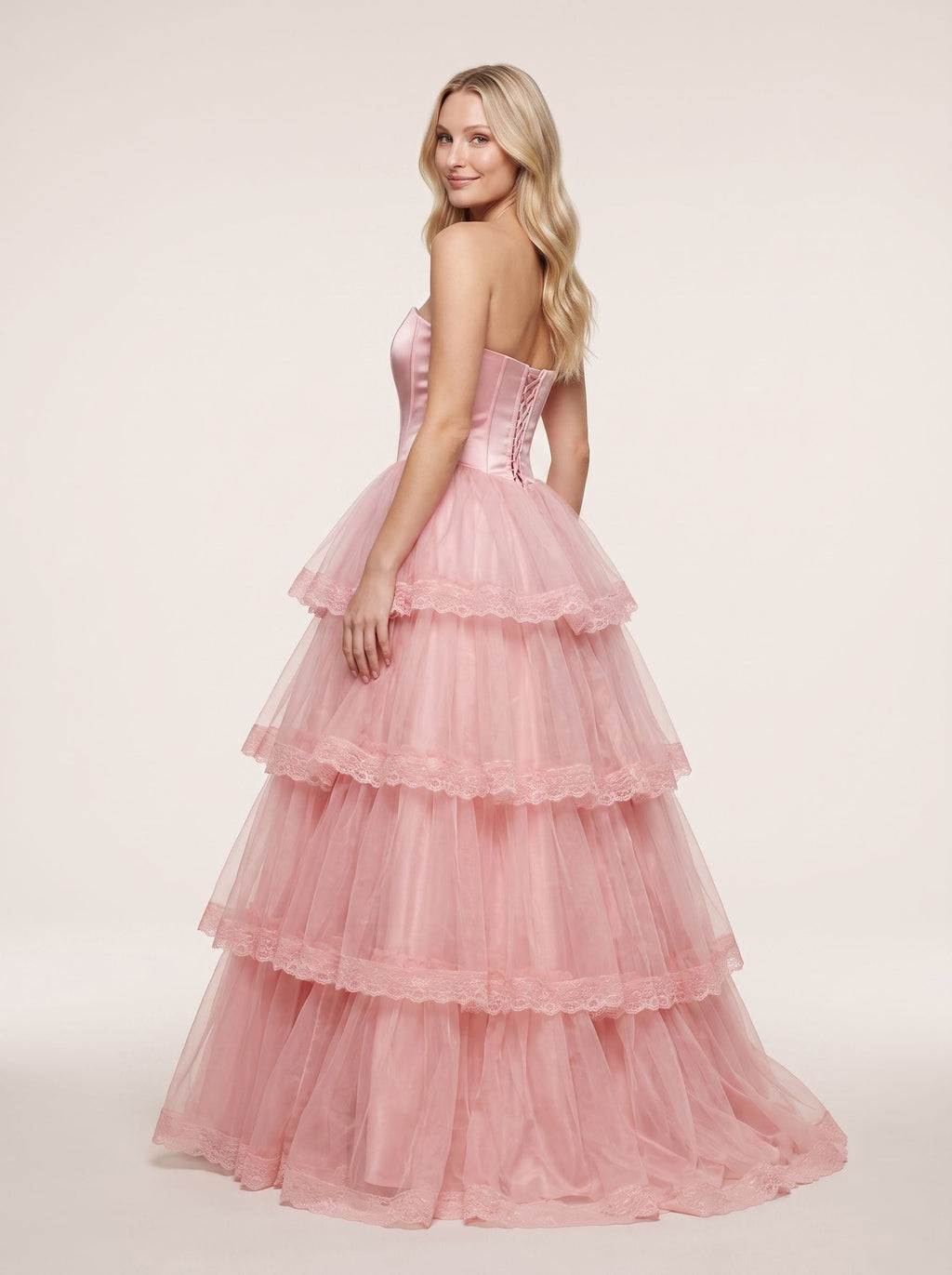 Blush Pink Tulle A-Line Sweetheart Corset Back Floor-Length Dress with Tiered Ruffle Skirt - Curvevia