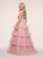 Blush Pink Tulle A-Line Sweetheart Corset Back Floor-Length Dress with Tiered Ruffle Skirt - Curvevia