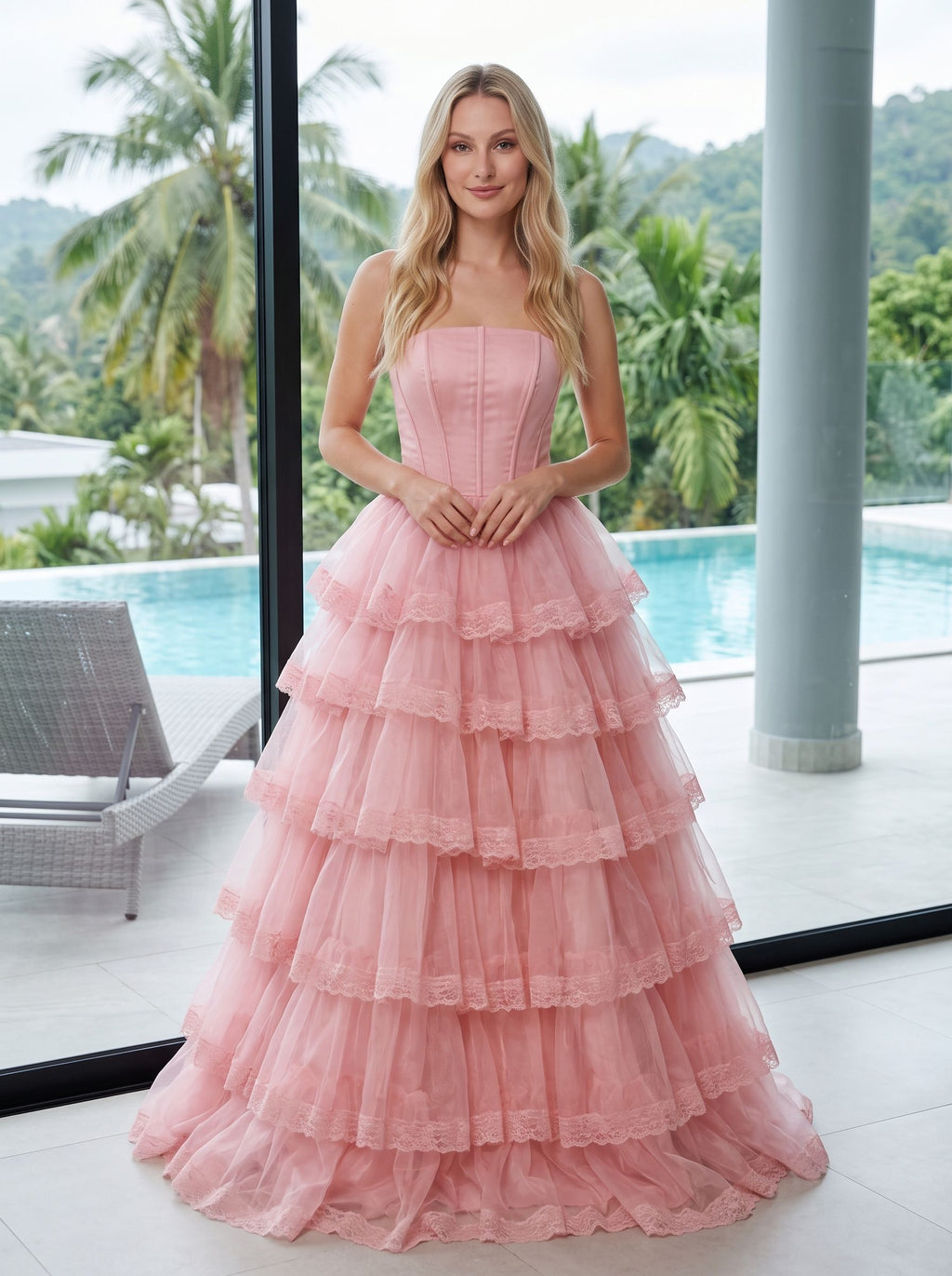 Blush Pink Tulle A-Line Sweetheart Corset Back Floor-Length Dress with Tiered Ruffle Skirt - Curvevia
