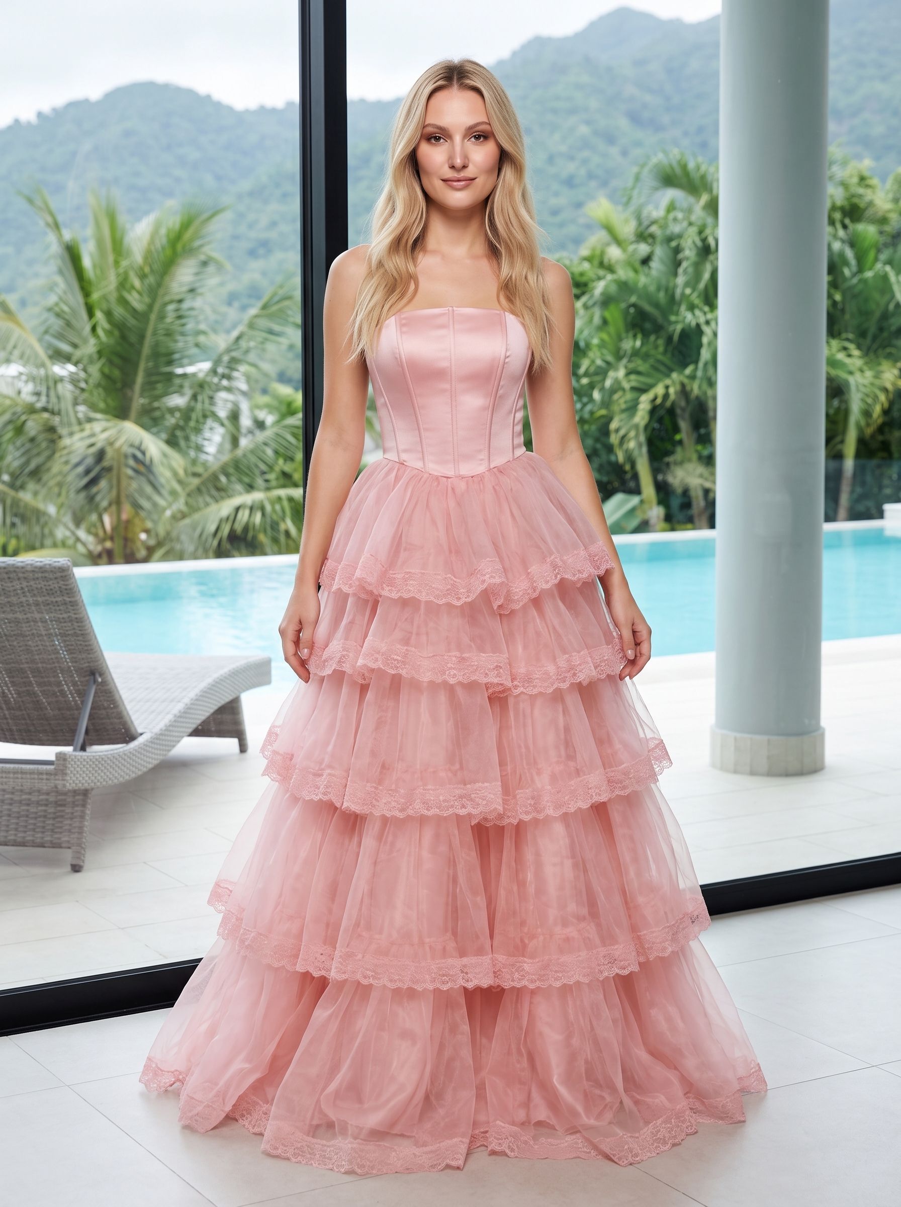 Blush Pink Tulle A-Line Sweetheart Corset Back Floor-Length Dress with Tiered Ruffle Skirt - Curvevia