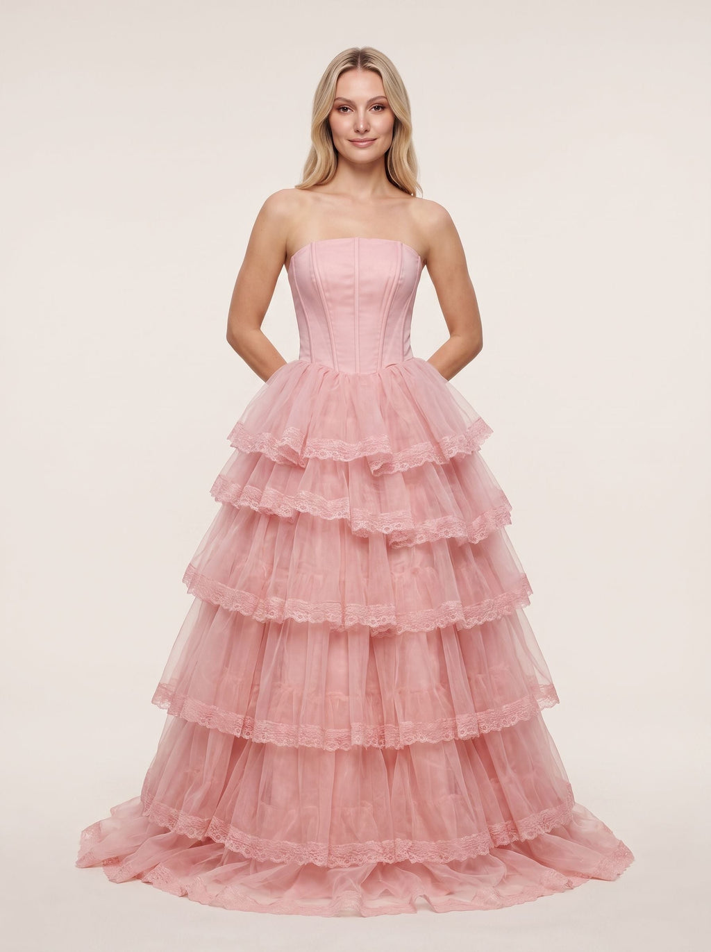Blush Pink Tulle A-Line Sweetheart Corset Back Floor-Length Dress with Tiered Ruffle Skirt - Curvevia