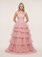 Blush Pink Tulle A-Line Sweetheart Corset Back Floor-Length Dress with Tiered Ruffle Skirt - Curvevia