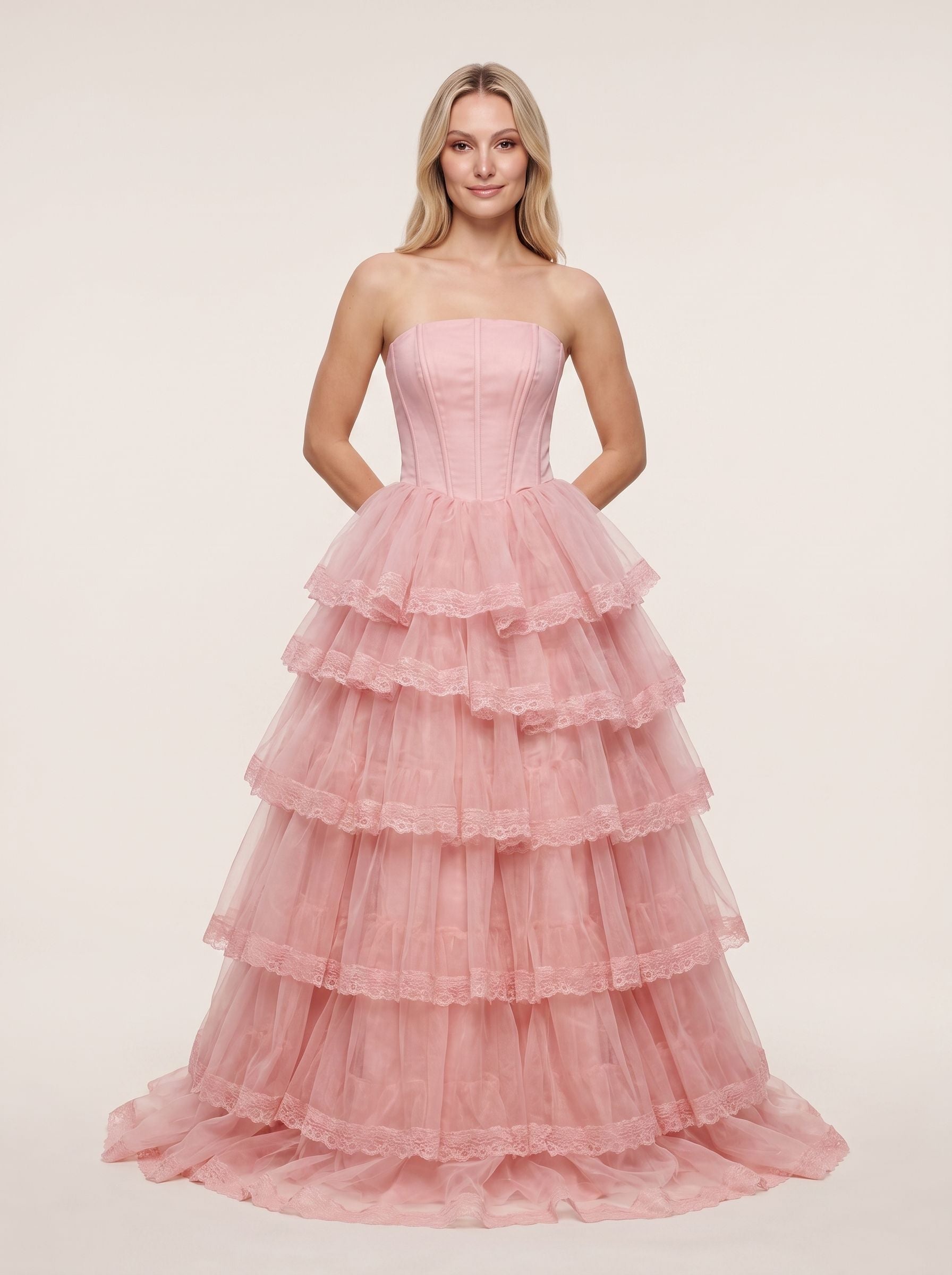 Blush Pink Tulle A-Line Sweetheart Corset Back Floor-Length Dress with Tiered Ruffle Skirt - Curvevia