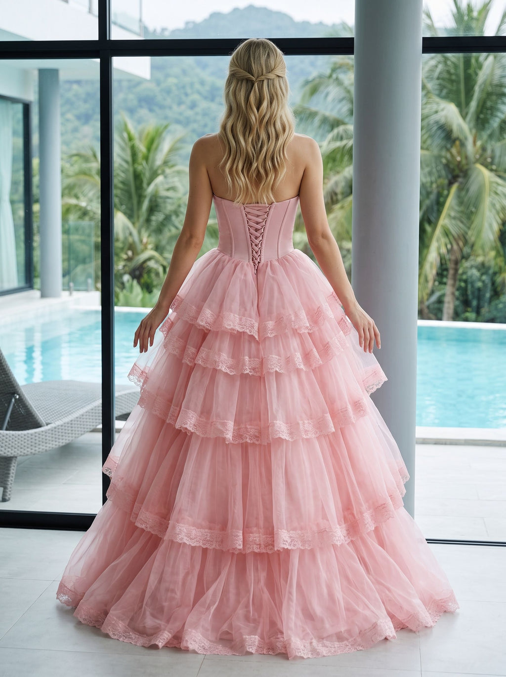 Blush Pink Tulle A-Line Sweetheart Corset Back Floor-Length Dress with Tiered Ruffle Skirt - Curvevia