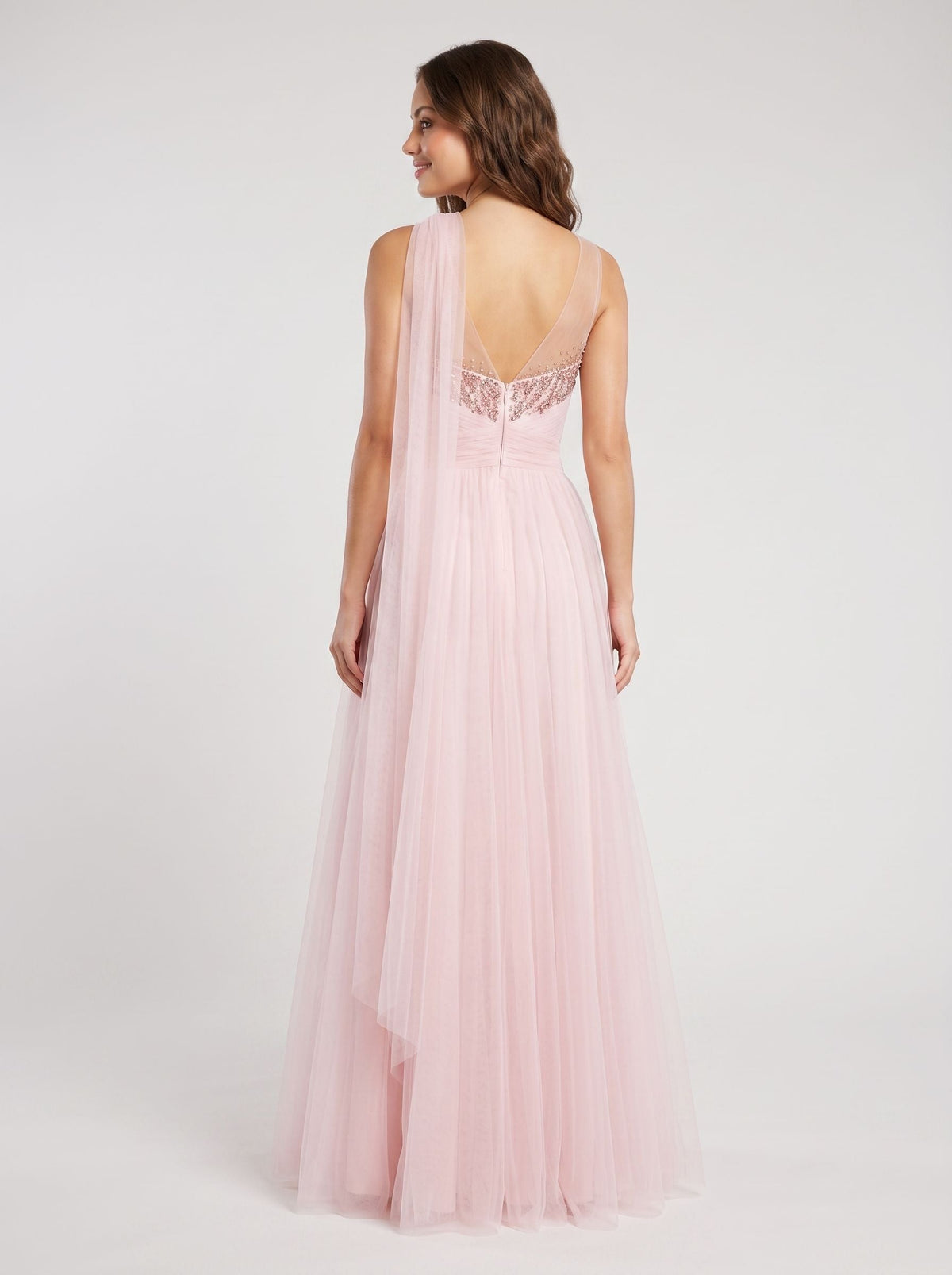 Blush Pink Tulle A-Line Sweetheart Back Zip Floor-Length Dress with Pleated Bodice - Curvevia