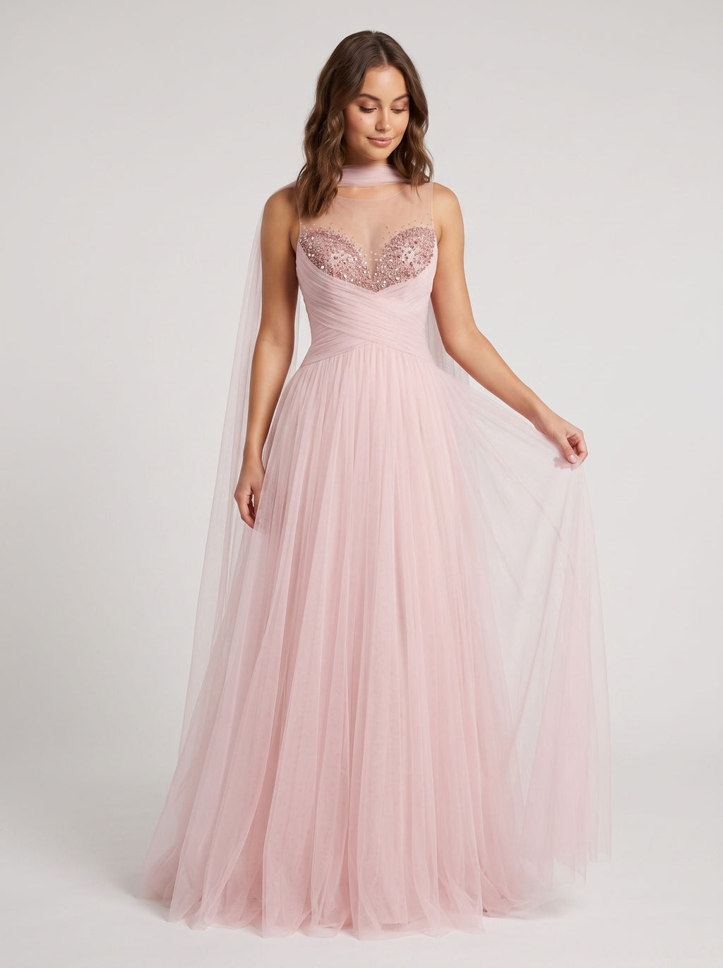 Blush Pink Tulle A-Line Sweetheart Back Zip Floor-Length Dress with Pleated Bodice - Curvevia