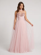 Blush Pink Tulle A-Line Sweetheart Back Zip Floor-Length Dress with Pleated Bodice - Curvevia