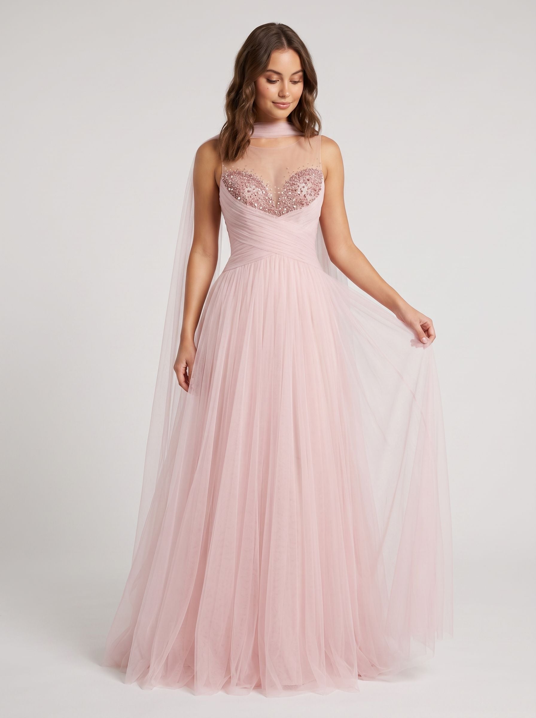 Blush Pink Tulle A-Line Sweetheart Back Zip Floor-Length Dress with Pleated Bodice - Curvevia