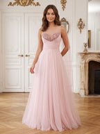 Blush Pink Tulle A-Line Sweetheart Back Zip Floor-Length Dress with Pleated Bodice - Curvevia