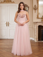 Blush Pink Tulle A-Line Sweetheart Back Zip Floor-Length Dress with Pleated Bodice - Curvevia