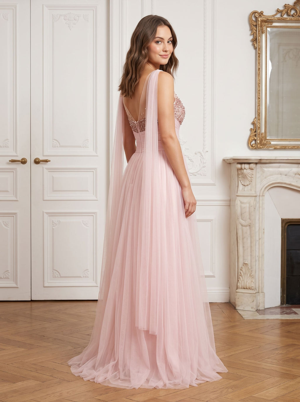 Blush Pink Tulle A-Line Sweetheart Back Zip Floor-Length Dress with Pleated Bodice - Curvevia