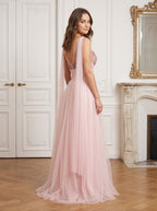 Blush Pink Tulle A-Line Sweetheart Back Zip Floor-Length Dress with Pleated Bodice - Curvevia