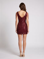 Burgundy Sequins Sheath V-Neck Back Zip Short Dress with Pleated Bodice and Flared Skirt - Curvevia