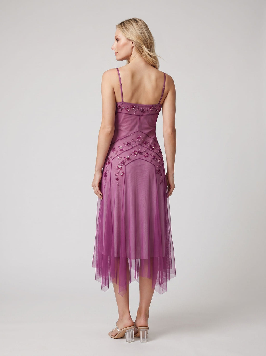 Purple Tulle A-Line Sweetheart Corset Back Midi Dress with Beaded bodice - Curvevia