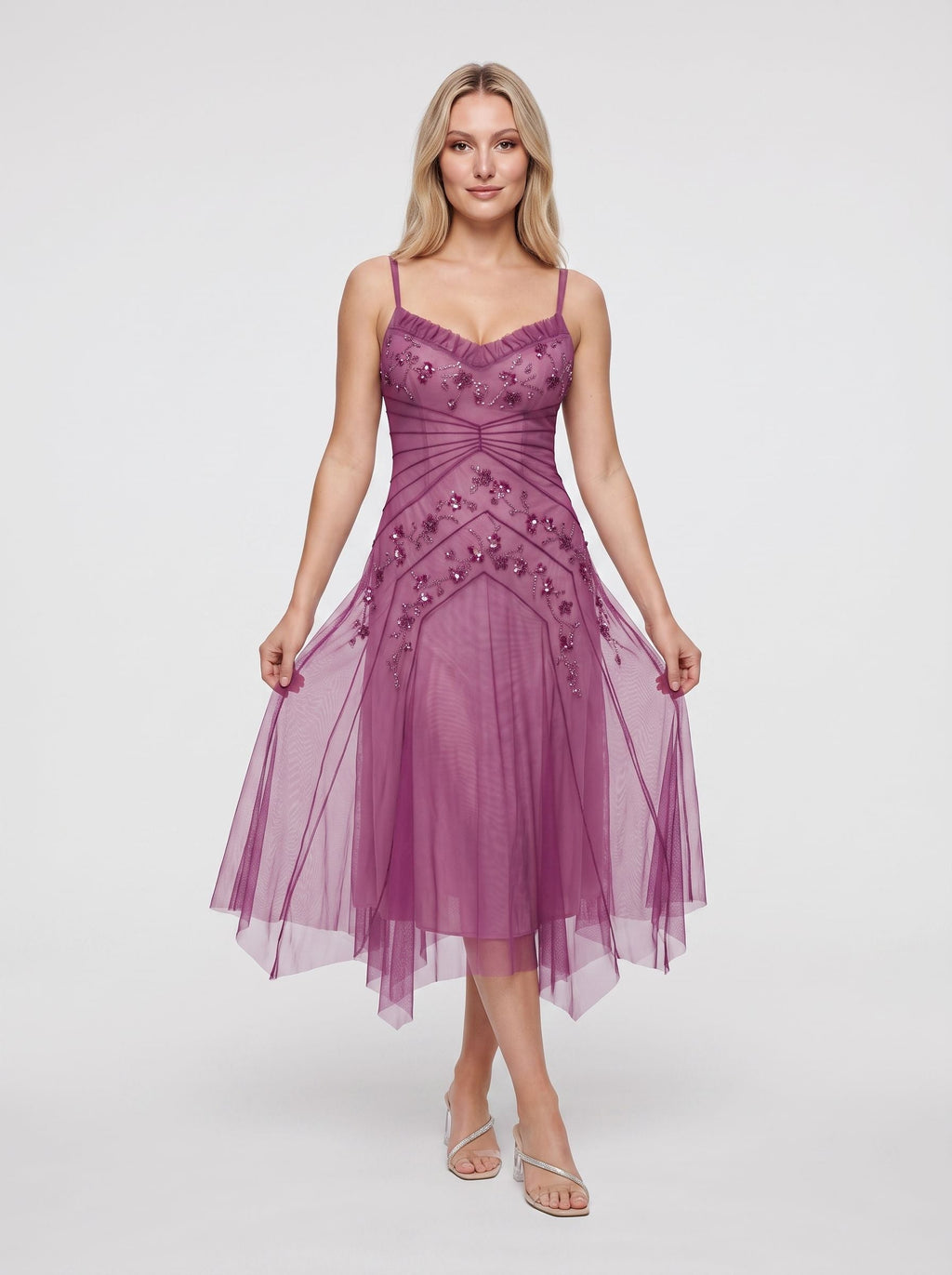 Purple Tulle A-Line Sweetheart Corset Back Midi Dress with Beaded bodice - Curvevia