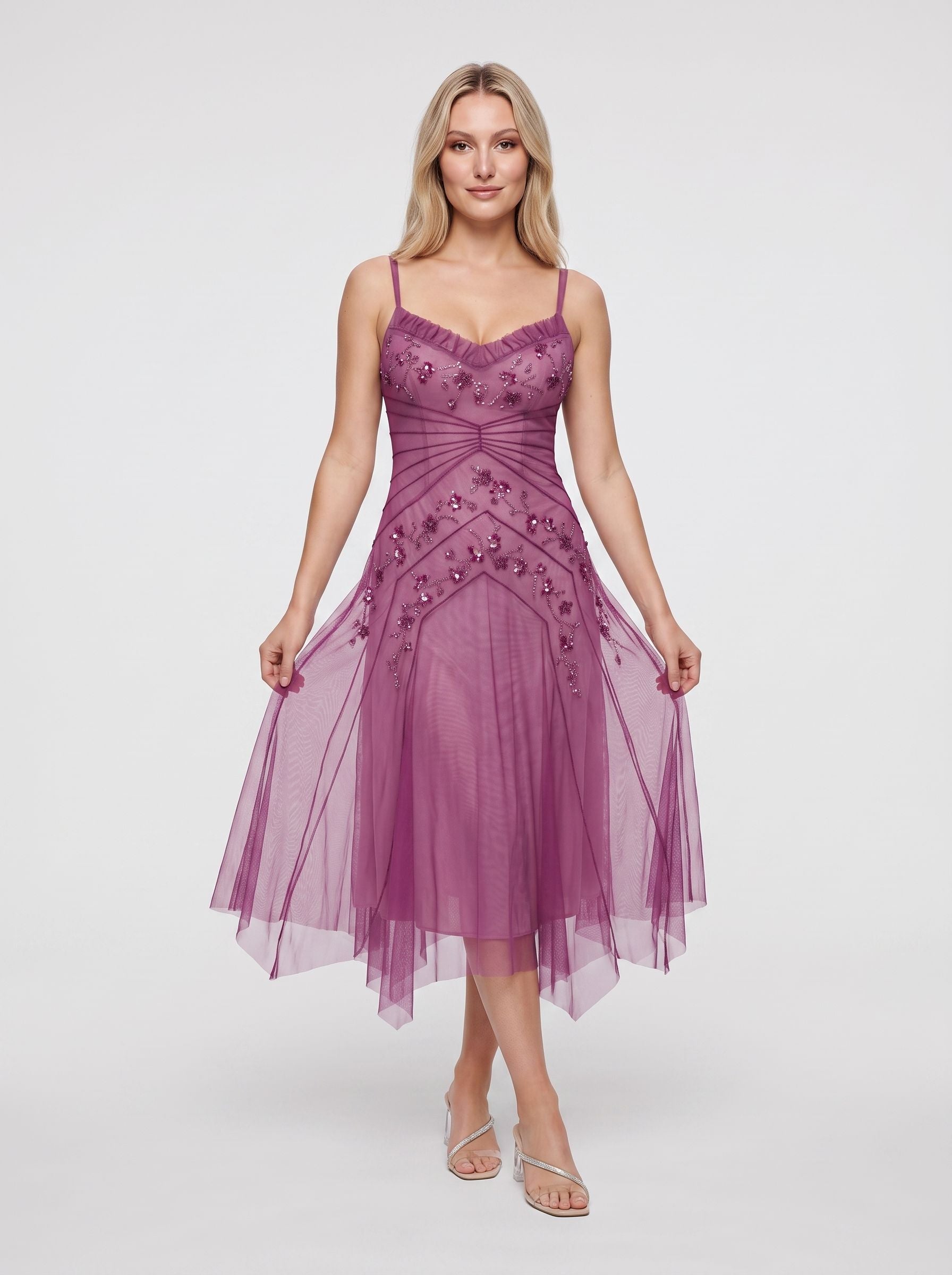 Purple Tulle A-Line Sweetheart Corset Back Midi Dress with Beaded bodice - Curvevia