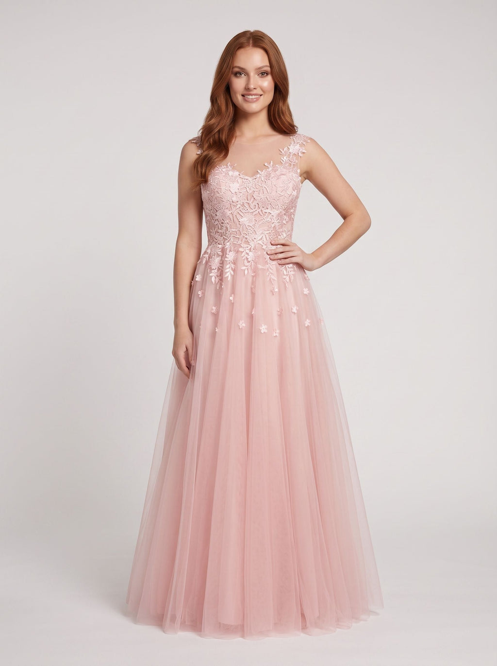 Blushing Pink Tulle A-Line V-Neck Illusion Floor-Length Dress with Lace Applique and Sheer Straps - Curvevia