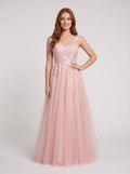 Blushing Pink Tulle A-Line V-Neck Illusion Floor-Length Dress with Lace Applique and Sheer Straps - Curvevia