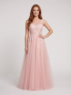 Blushing Pink Tulle A-Line V-Neck Illusion Floor-Length Dress with Lace Applique and Sheer Straps - Curvevia