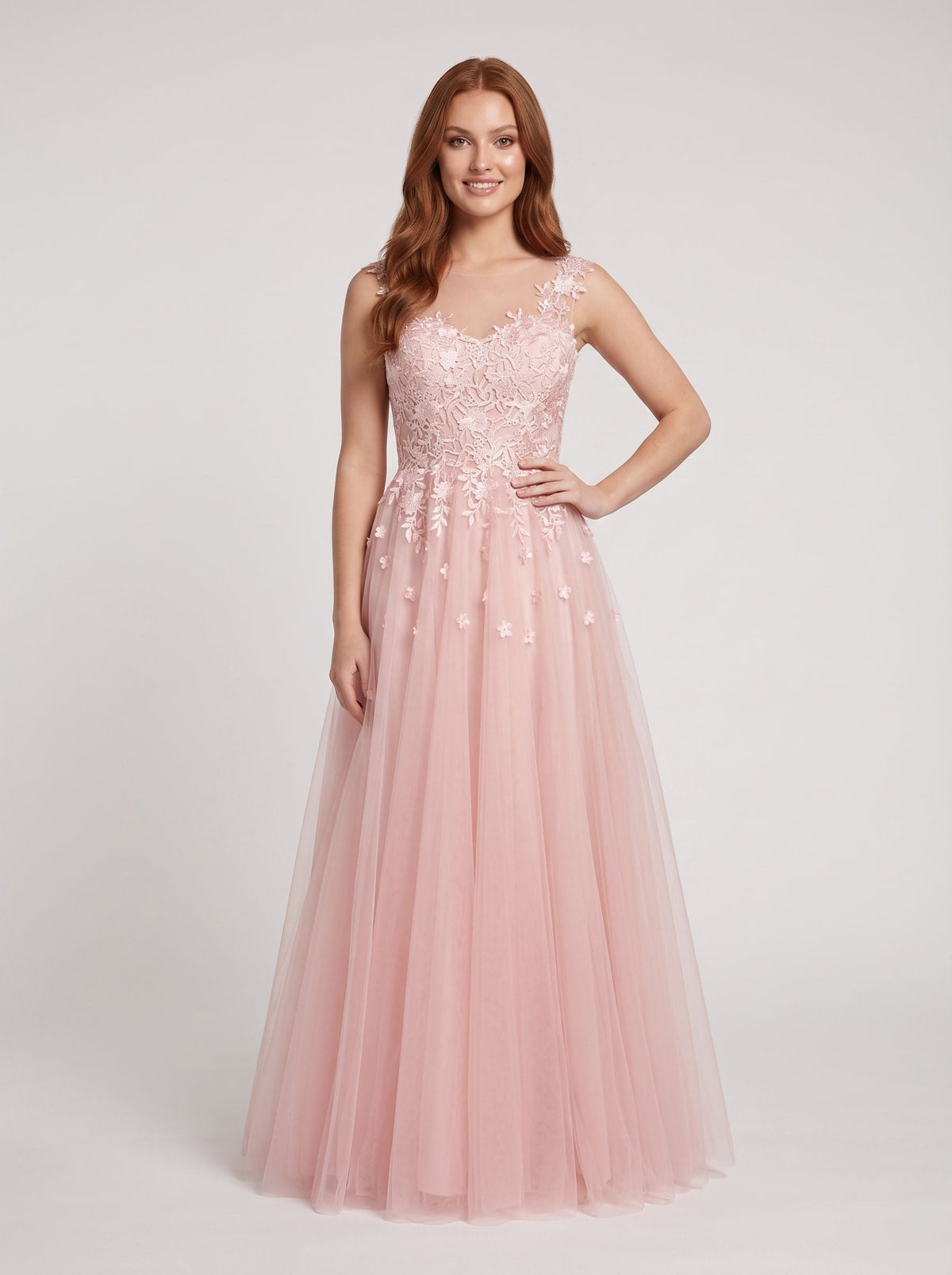 Blushing Pink Tulle A-Line V-Neck Illusion Floor-Length Dress with Lace Applique and Sheer Straps - Curvevia
