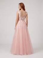 Blushing Pink Tulle A-Line V-Neck Illusion Floor-Length Dress with Lace Applique and Sheer Straps - Curvevia