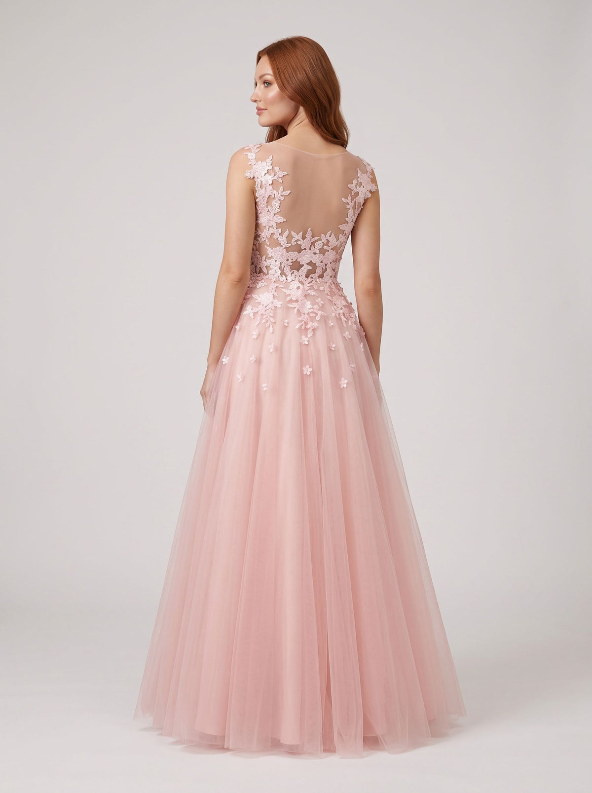 Blushing Pink Tulle A-Line V-Neck Illusion Floor-Length Dress with Lace Applique and Sheer Straps - Curvevia