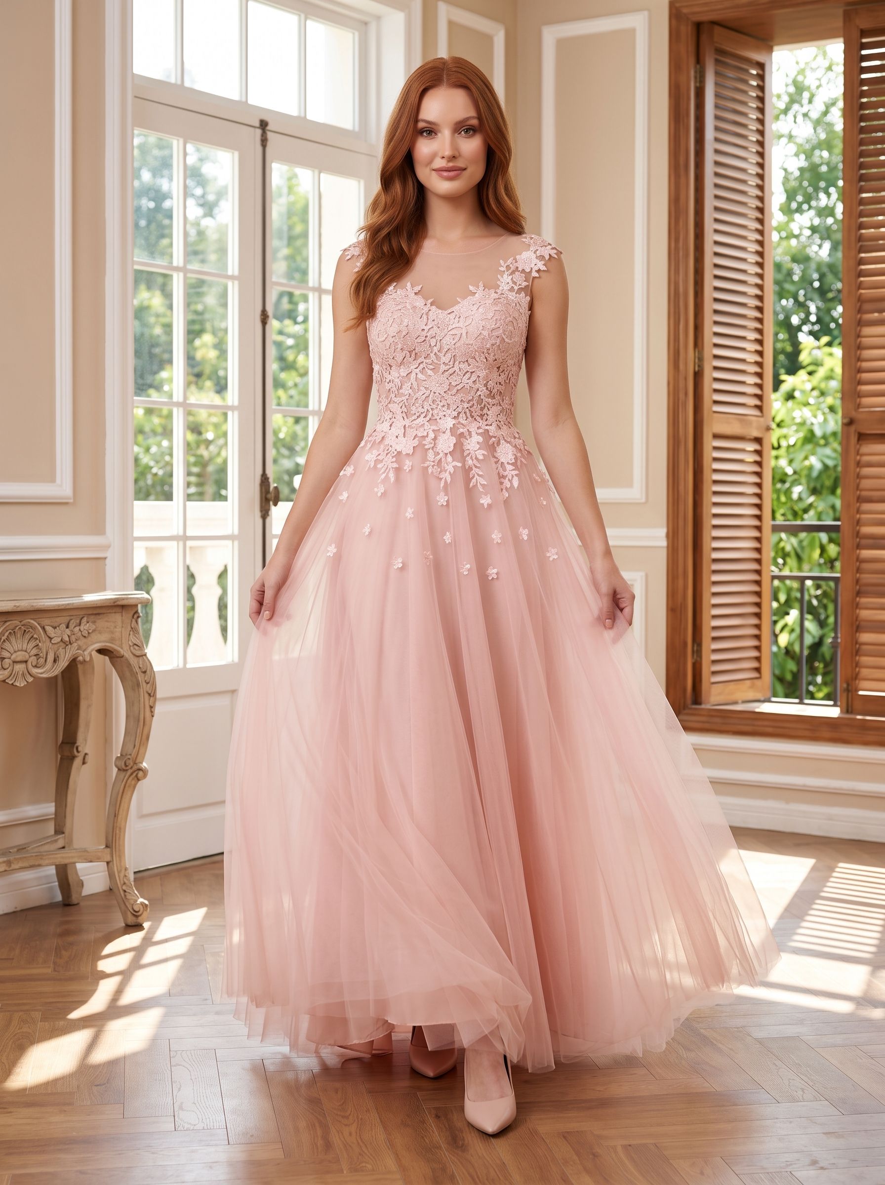 Blushing Pink Tulle A-Line V-Neck Illusion Floor-Length Dress with Lace Applique and Sheer Straps - Curvevia