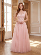 Blushing Pink Tulle A-Line V-Neck Illusion Floor-Length Dress with Lace Applique and Sheer Straps - Curvevia