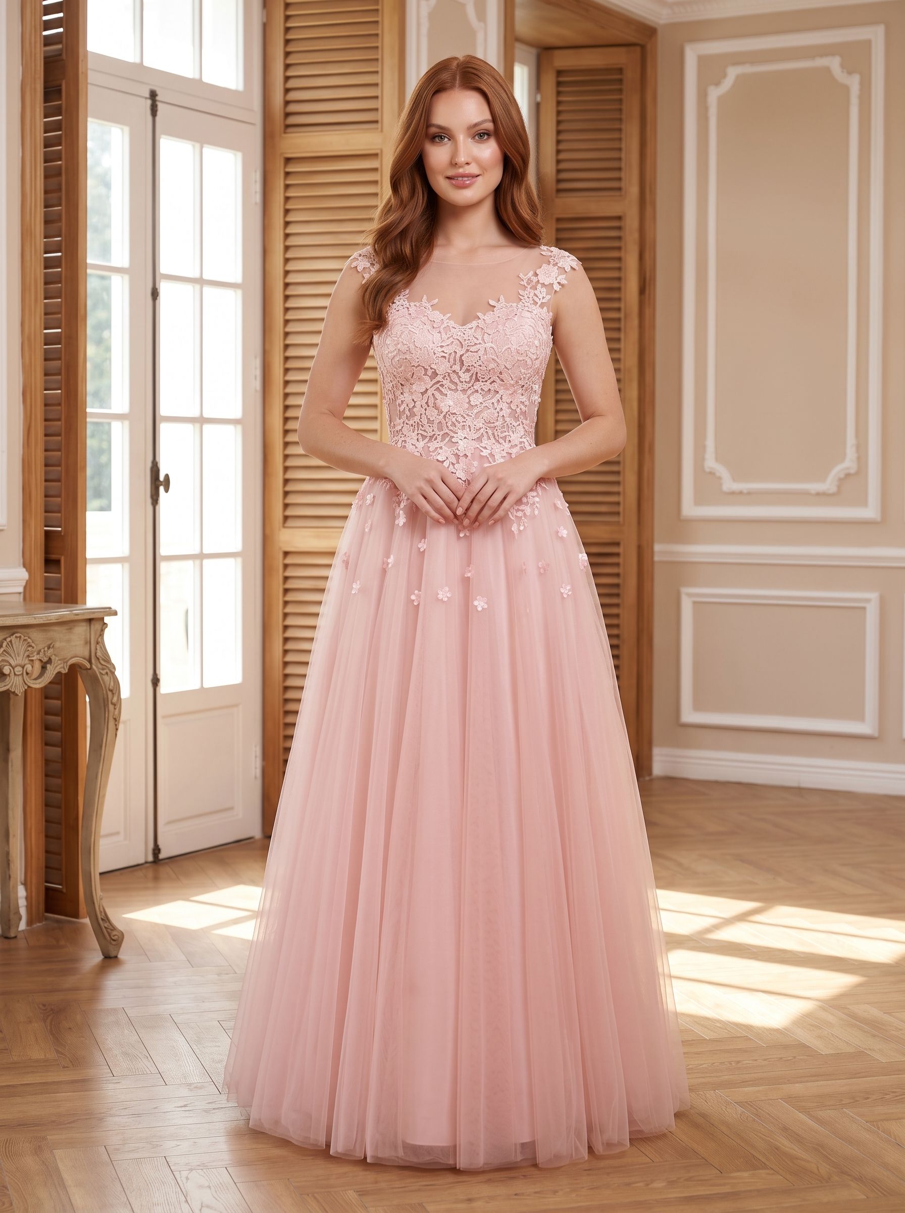 Blushing Pink Tulle A-Line V-Neck Illusion Floor-Length Dress with Lace Applique and Sheer Straps - Curvevia