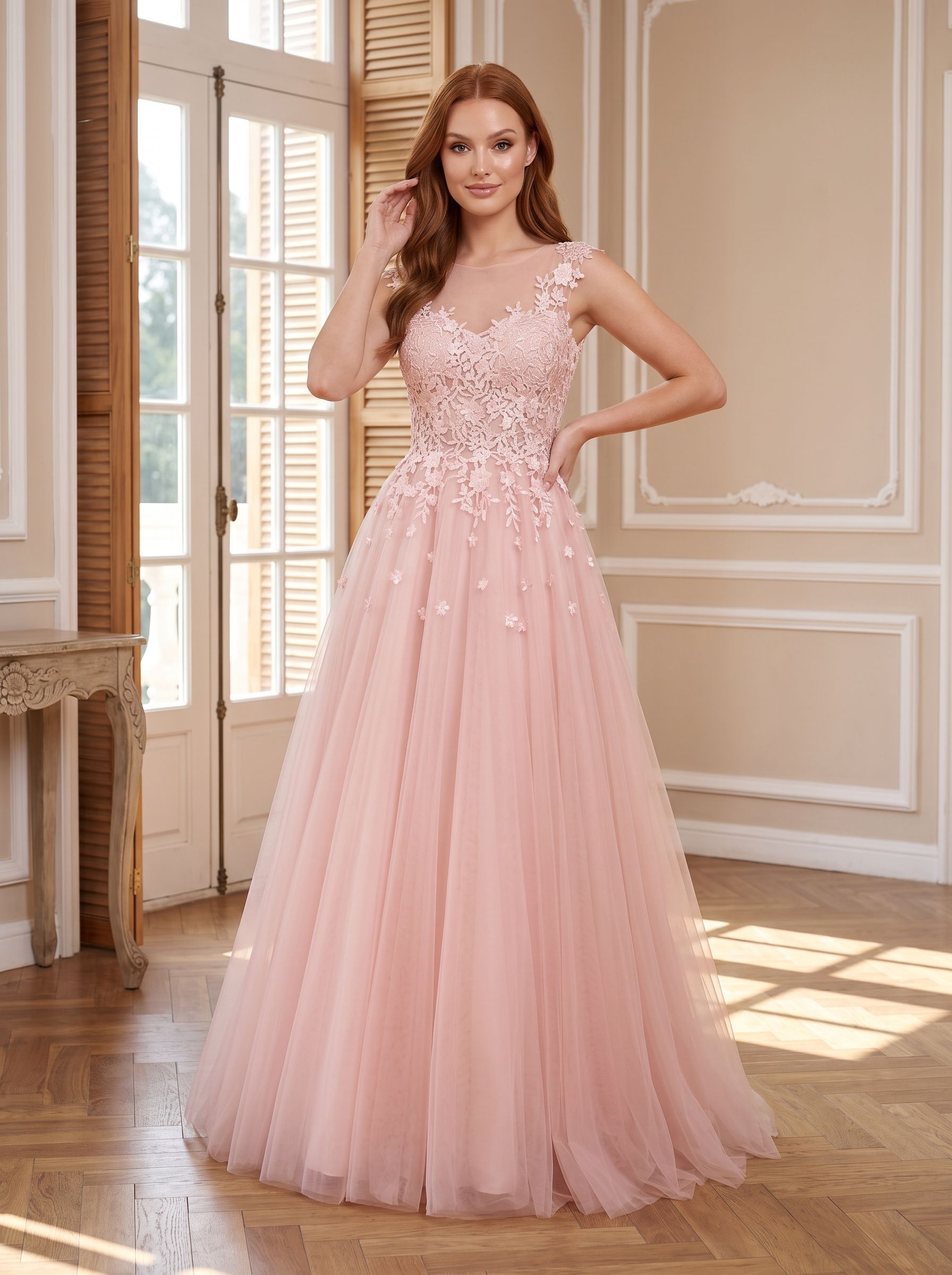 Blushing Pink Tulle A-Line V-Neck Illusion Floor-Length Dress with Lace Applique and Sheer Straps - Curvevia
