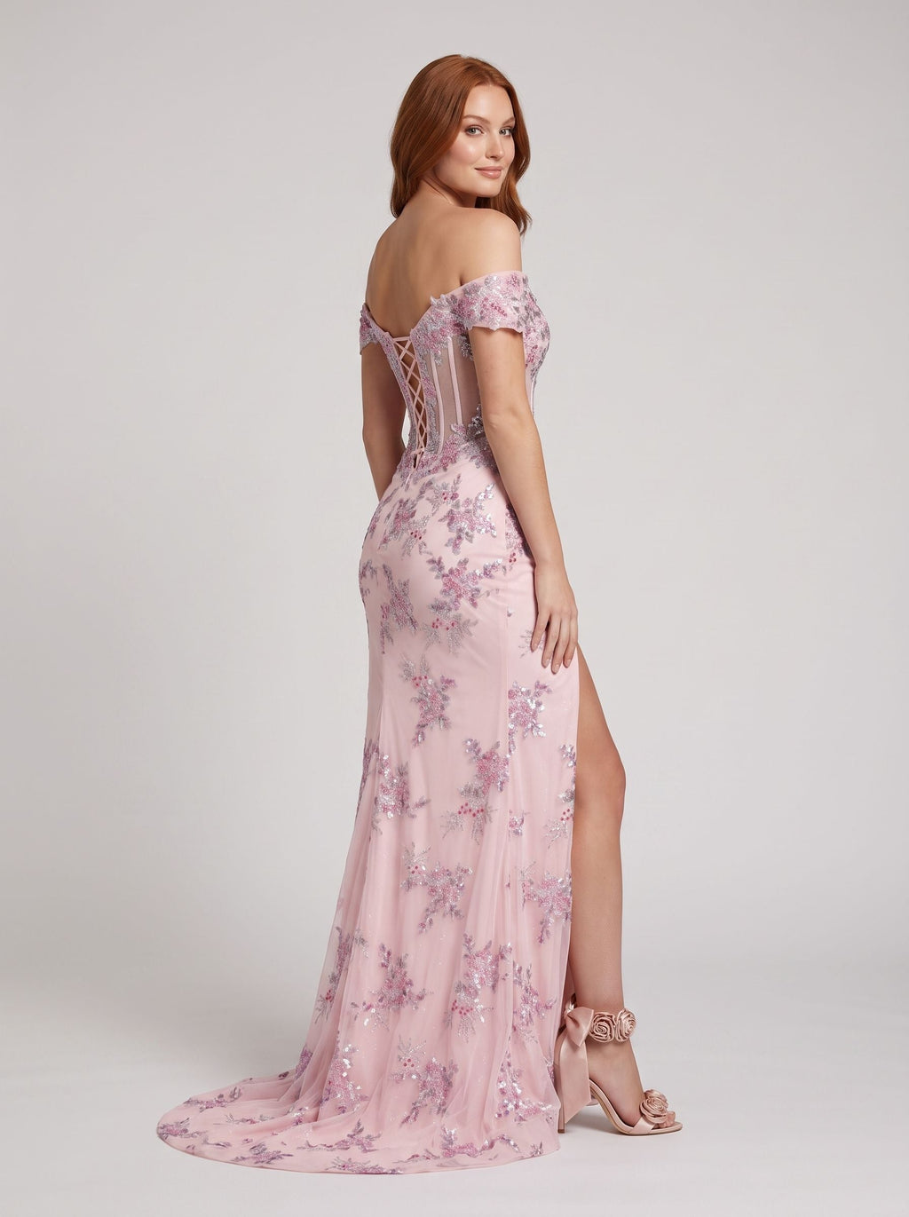 Blush Pink Tulle column Off-the-Shoulder Corset Back Floor-Length Dress with Side Slit - Curvevia