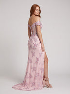 Blush Pink Tulle column Off-the-Shoulder Corset Back Floor-Length Dress with Side Slit - Curvevia