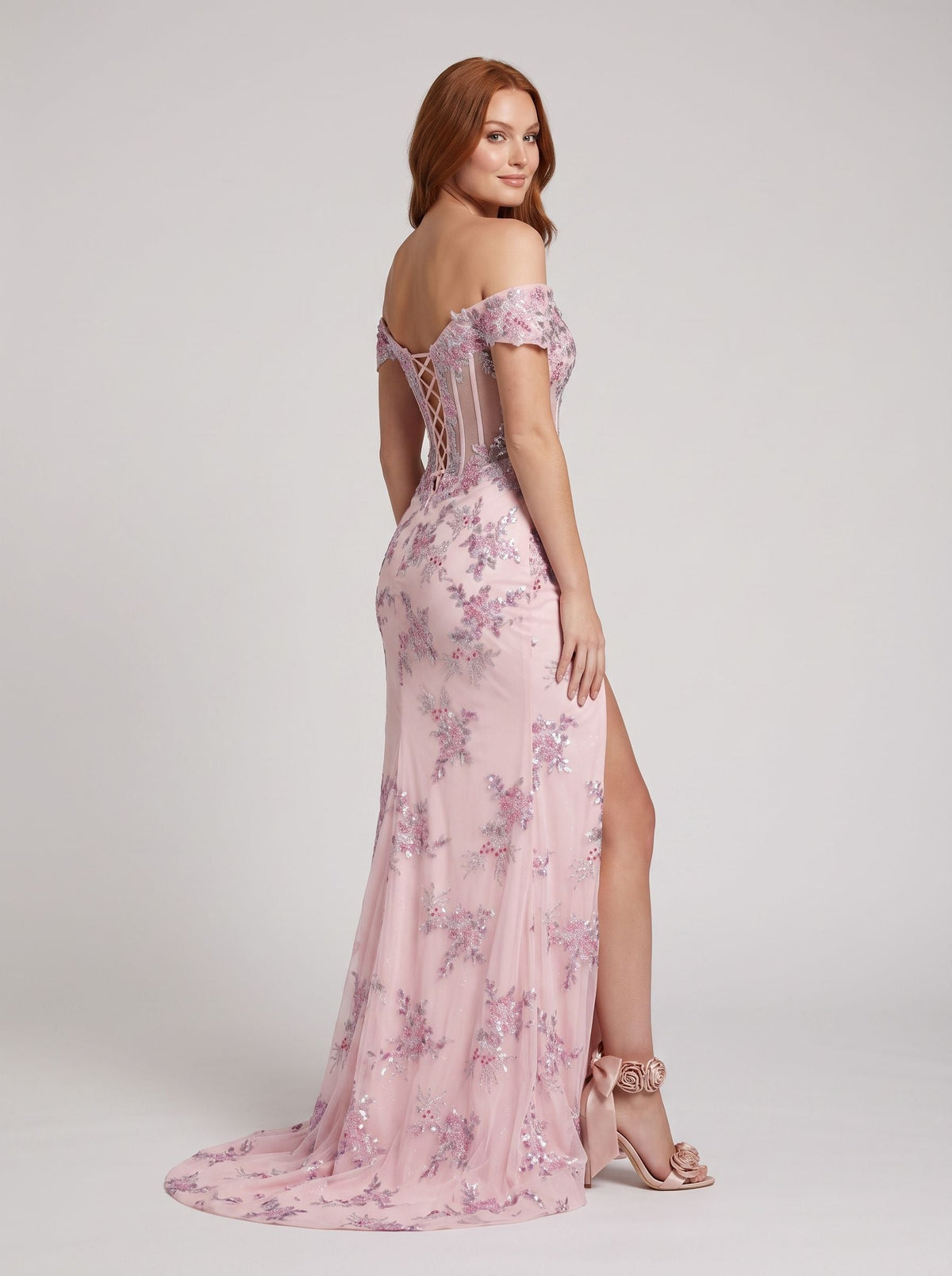 Blush Pink Tulle column Off-the-Shoulder Corset Back Floor-Length Dress with Side Slit - Curvevia