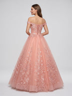 Blush Pink Tulle A-Line Off-the-Shoulder Corset Back Floor-Length Dress with Lace Appliques - Curvevia