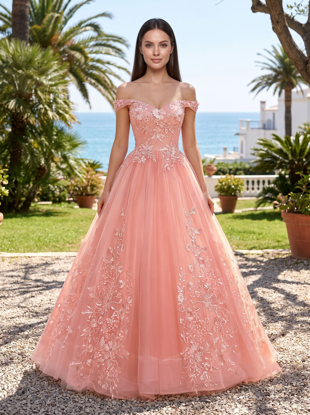 Blush Pink Tulle A-Line Off-the-Shoulder Corset Back Floor-Length Dress with Lace Appliques - Curvevia
