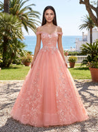Blush Pink Tulle A-Line Off-the-Shoulder Corset Back Floor-Length Dress with Lace Appliques - Curvevia
