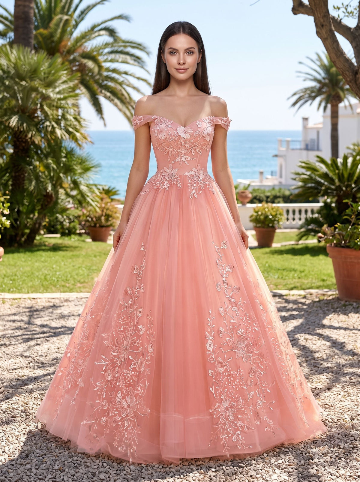 Blush Pink Tulle A-Line Off-the-Shoulder Corset Back Floor-Length Dress with Lace Appliques - Curvevia