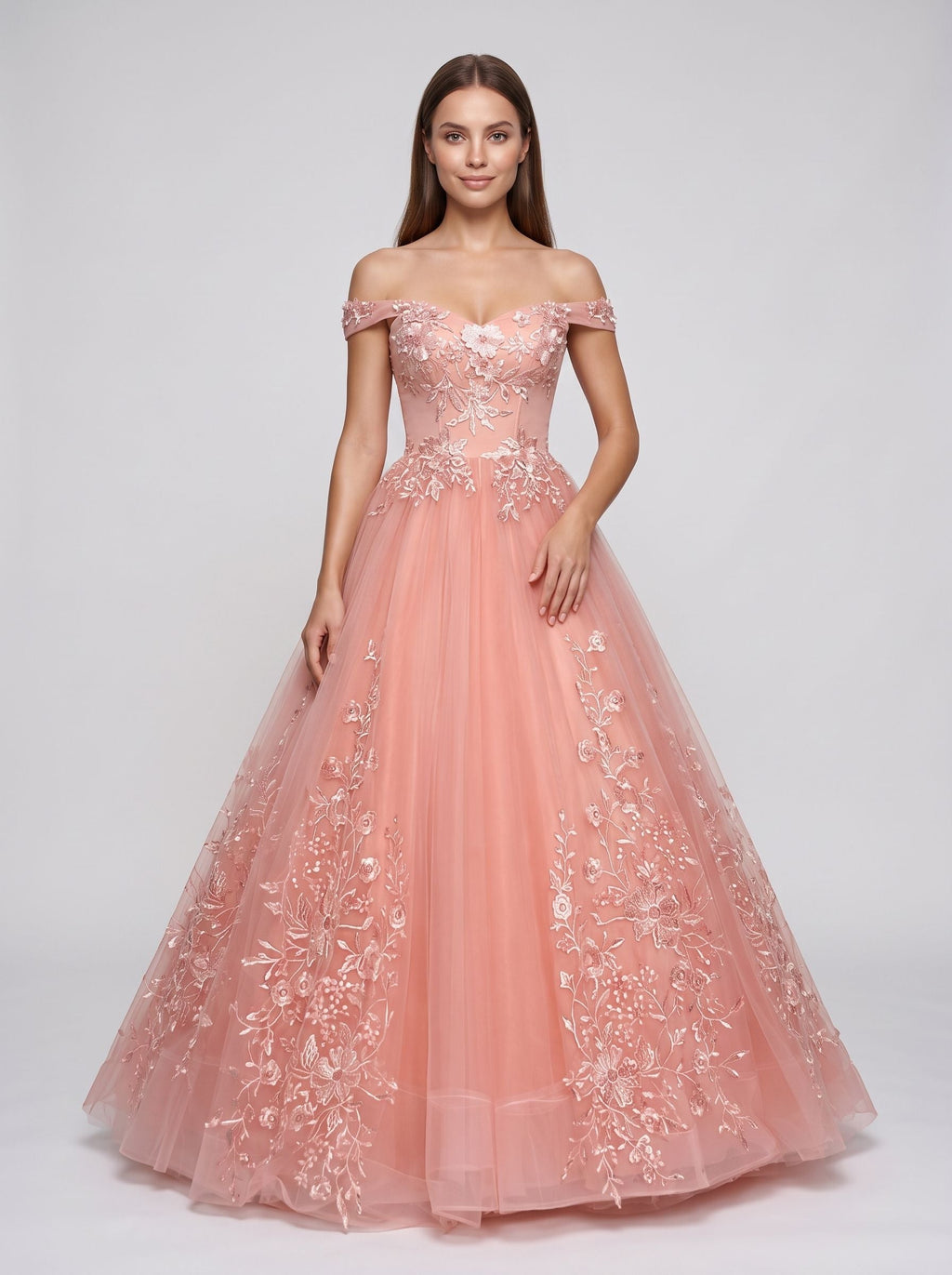 Blush Pink Tulle A-Line Off-the-Shoulder Corset Back Floor-Length Dress with Lace Appliques - Curvevia