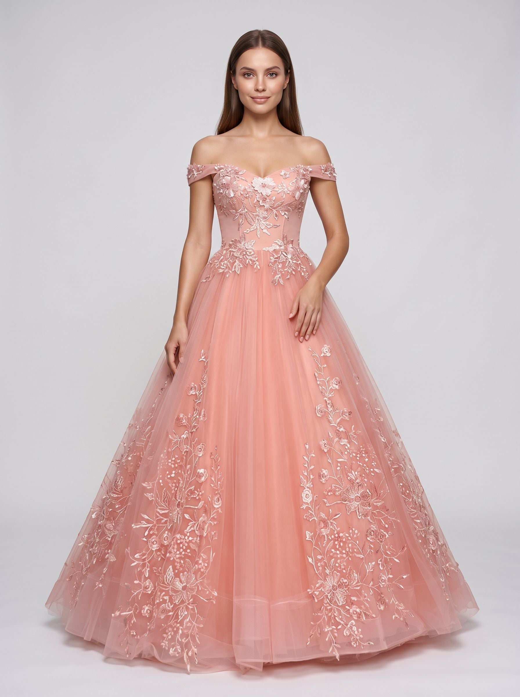 Blush Pink Tulle A-Line Off-the-Shoulder Corset Back Floor-Length Dress with Lace Appliques - Curvevia